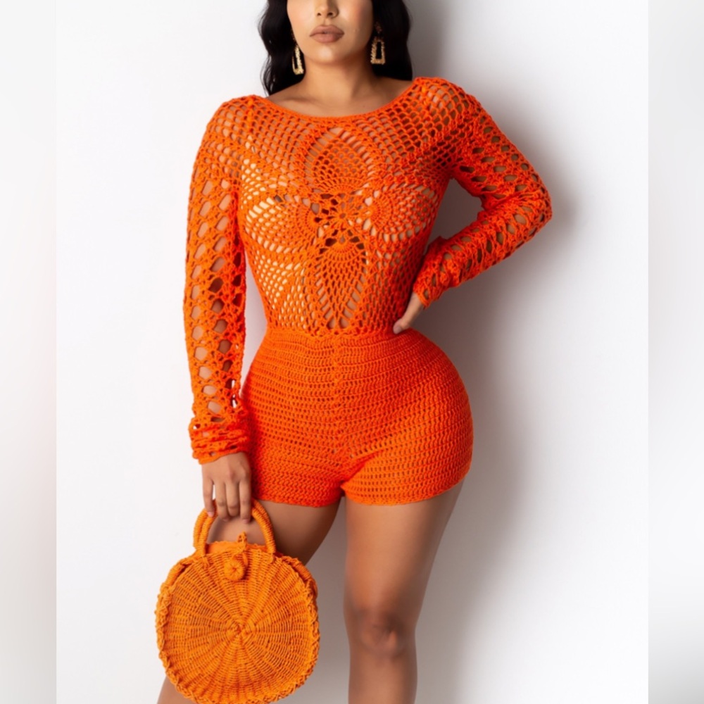 NWT Orange Crochet Romper Shorts Reversible Cheeky Lace Sexy Cover Up Hera